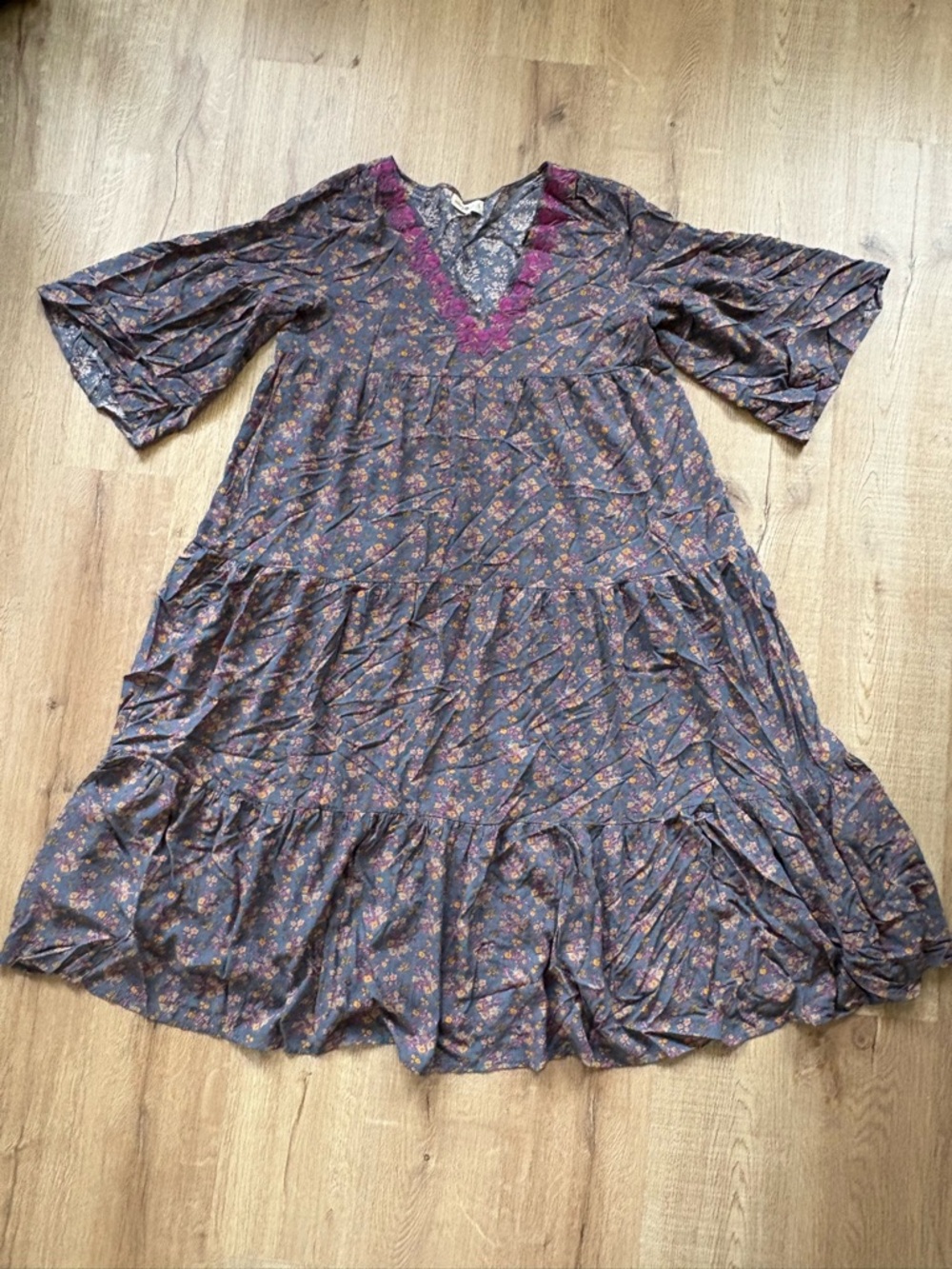 NATURAL LIFE Dark Blue and Floral V-Neck Dress with Pink & Yellow Accents